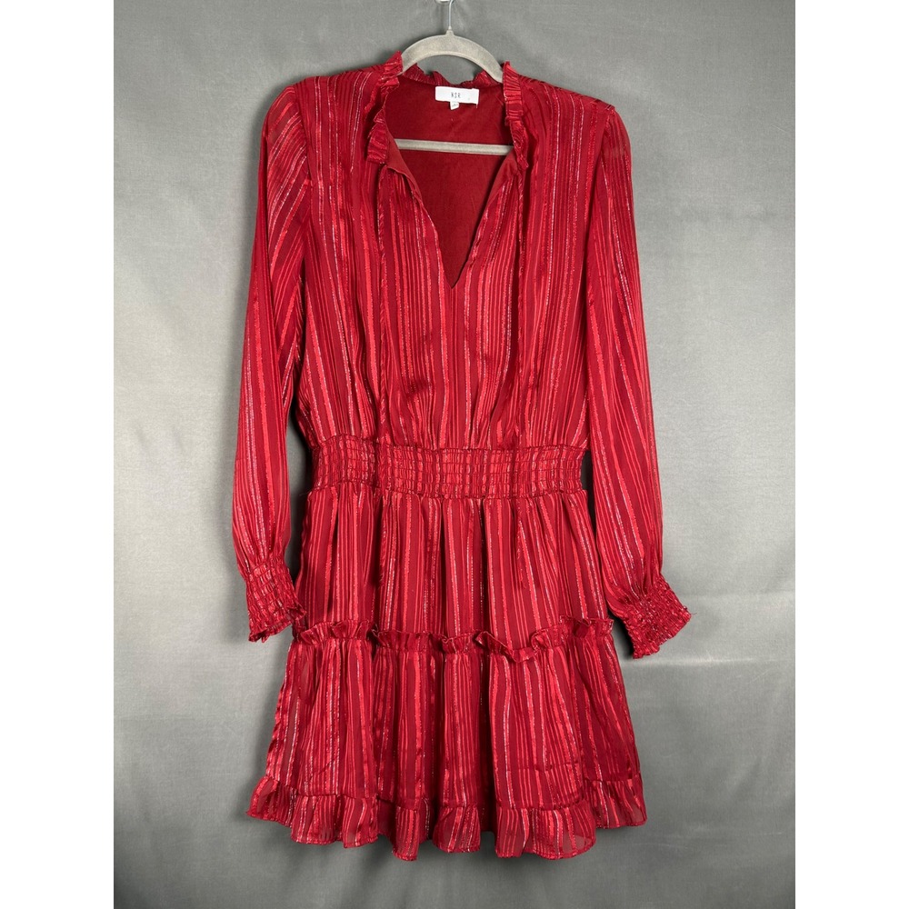 NSR Mini Dress Women Large Red Metallic Stripe Ruffle Tiered Smocked Long Sleeve